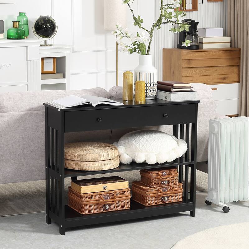 Console Table with Drawer and Two Open Shelves MDF Hallway Living Room Entryway Storage Furniture - 39.25"W x 11.75"D x 31.5"H - Black