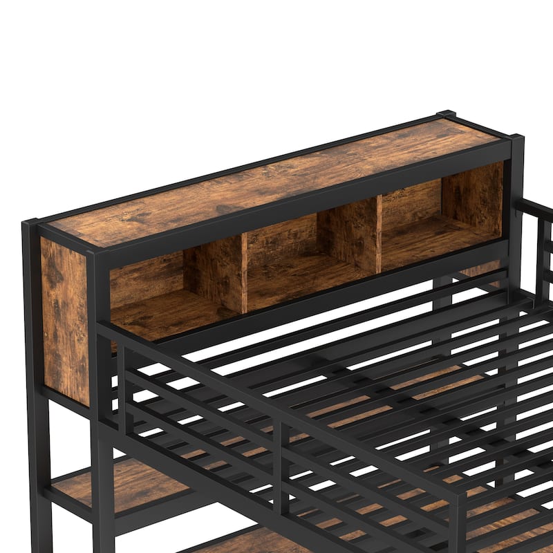 Queen Size Metal Loft Bed with Wardrobe, L-shaped Desk, and Storage Shelves