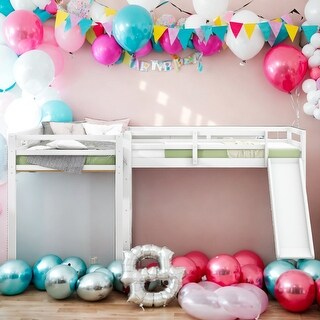 L-Shaped Twin Size Loft Bed with Ladder and Slide, White