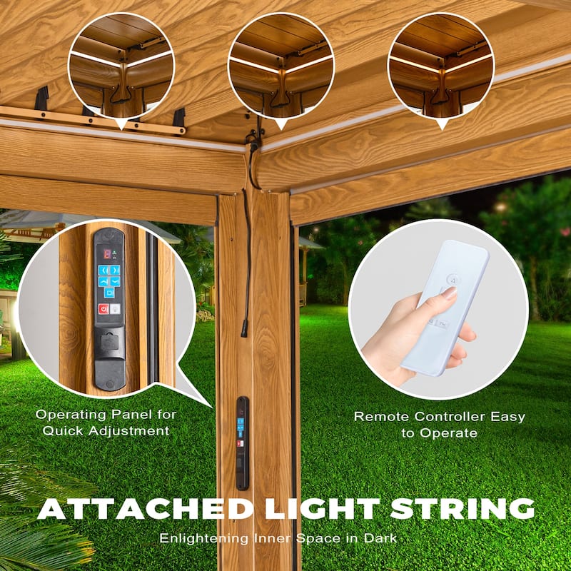 EROMMY Outdoor Louvered Pergola Gazebo with Adjustable Aluminum Rainproof Roof and Pull-Down Screen