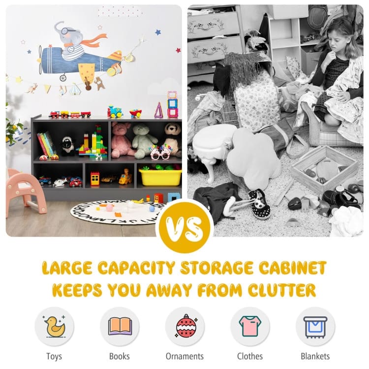 Children's Wooden Toy Storage Cabinet with 2 Shelves and 5 Cubes - 44" x 12" x 24" (L x W x H)