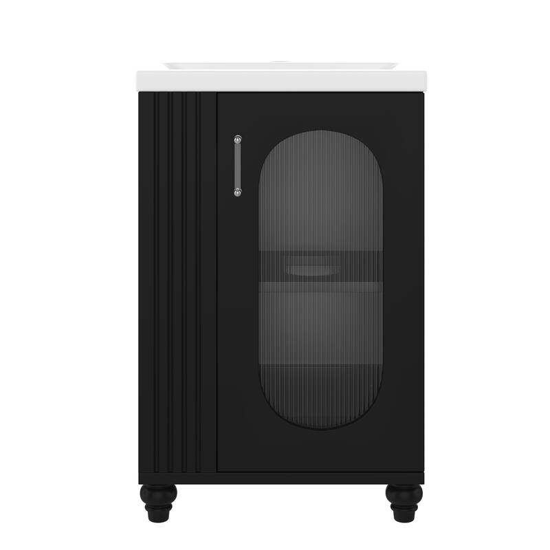 Small Bathroom Vanity with Sink, Wood Bathroom Cabinet with Glass Door, Single Basin Vanity Set with Two-Tier Shelf