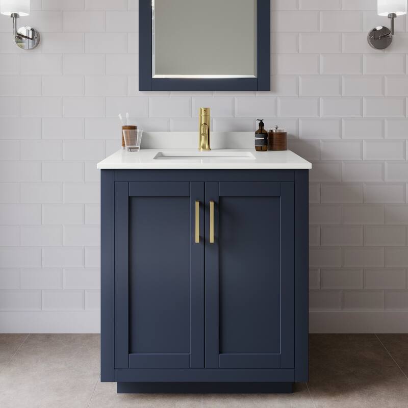 Wyndham Collection WCF292930S-QTZ-UNSM24 Miranda 30" Free Standing - Dark Blue / White Quartz Top / Brushed Gold