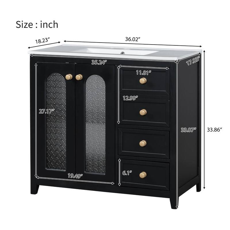 30''/36'' Bathroom Vanity with Sink, 3 Drawers Bathroom Storage Cabinet with Soft-Close Glass Door and Adjustable Shelf