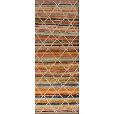 Striped Moroccan Oriental Runner Rug Handmade Wool Carpet - 3'0" x 10'2"