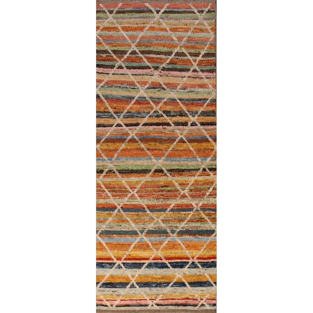 Striped Moroccan Oriental Runner Rug Handmade Wool Carpet - 3'0" x 10'2"
