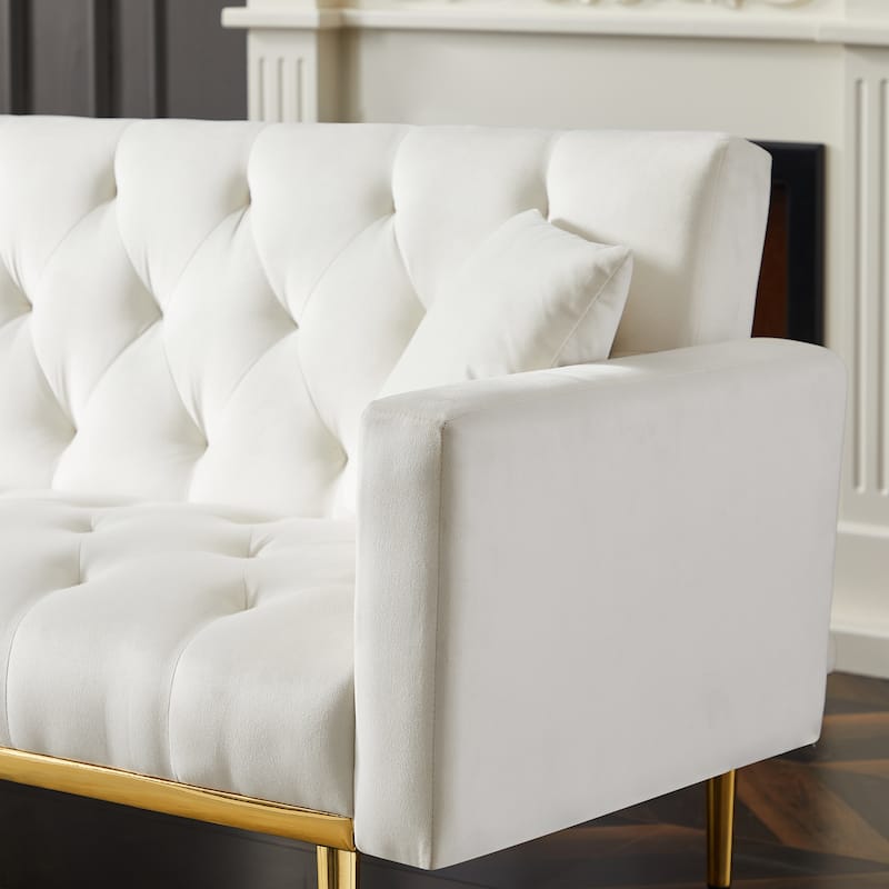 Square Track Arm Tufted Cushion Convertible Folding Sofa Sleeper Bed, Cream White