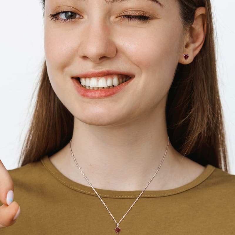Miadora 2 1/5ct TGW Heart-Shape Garnet Set of Necklace and Earrings in Sterling Silver