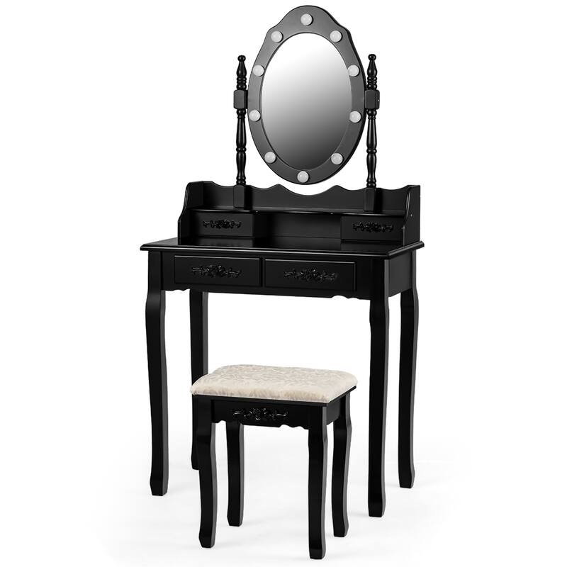 Gymax Makeup Vanity Dressing Table Set w/10 Dimmable Bulbs Cushioned - See Details
