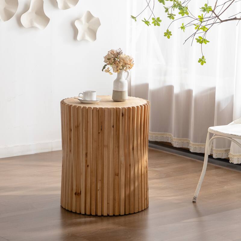 Retro Fashion Style Cylindrical Coffee Table with Vertical Texture Relief Design - Natural-20.47"L