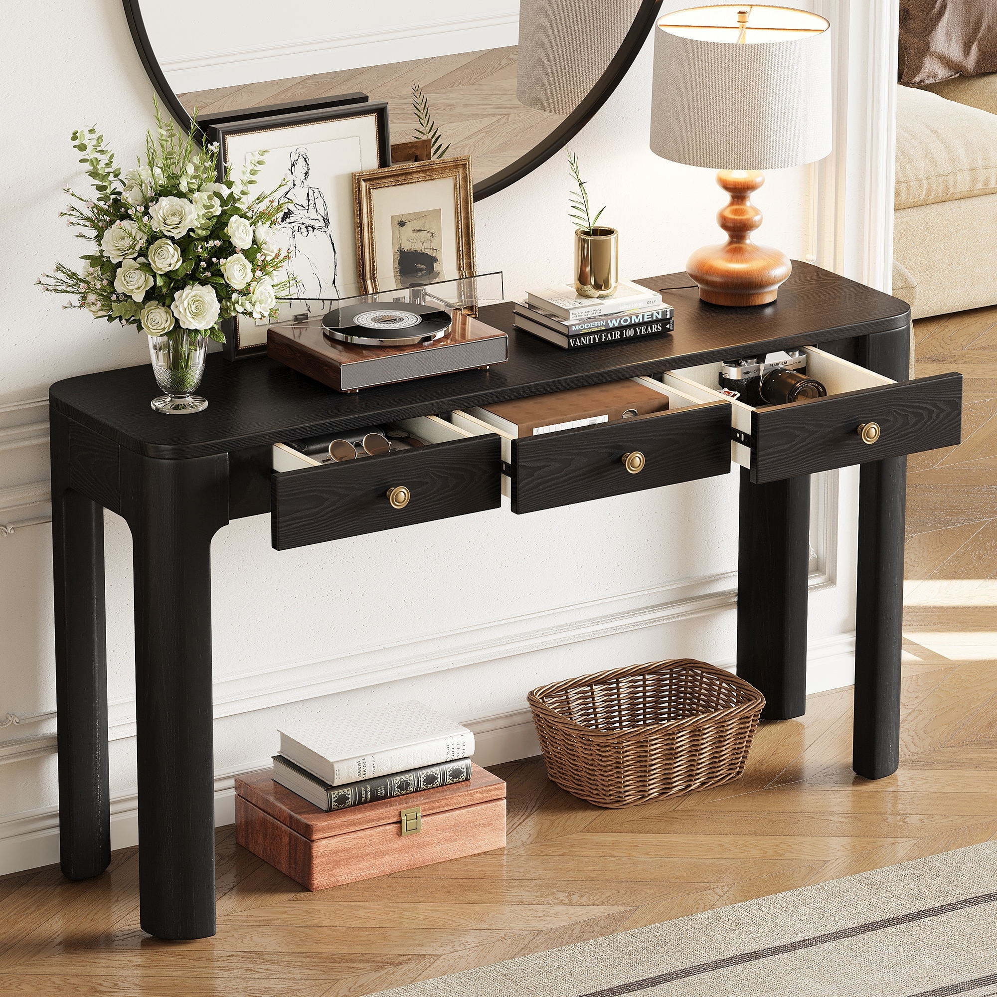Rustic 52" Console Table Solid Wood Storage Entryway Table with Curved Corners and 3 Concealed Drawers