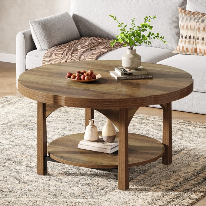 2 Tier Round Coffee Table, Wooden Living Room Center Table With Shelf - Brown
