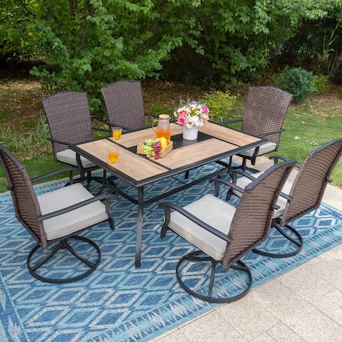 7-Piece Patio Dining Set , 6 Rattan Wicker Swivel Chairs with Cushion and 1 Metal Table with 1.57'' Umbrella Hole