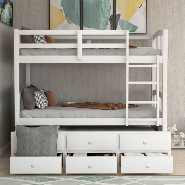 slide 2 of 15, Multifunctional Twin Size Design Bunk Bed with Ladder, Trundle & Drawers White