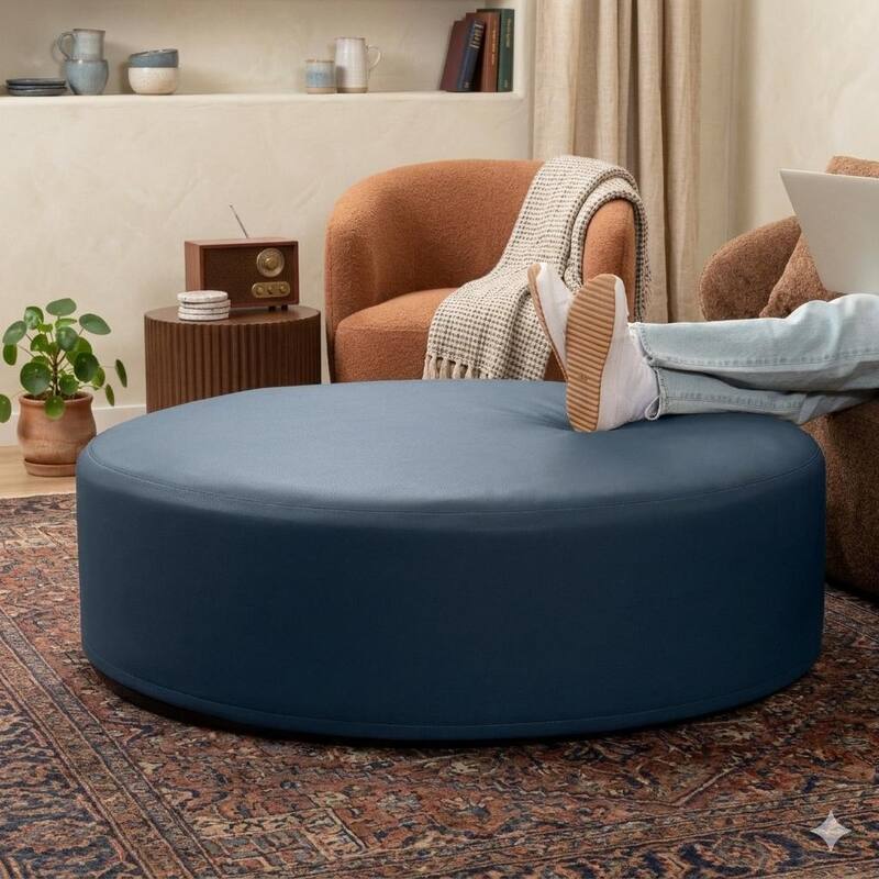 Jaxx Candler Round Couch Ottoman Large Coffee Table & Foot Rest, 44-Inch - Faux Leather Oxford Blue