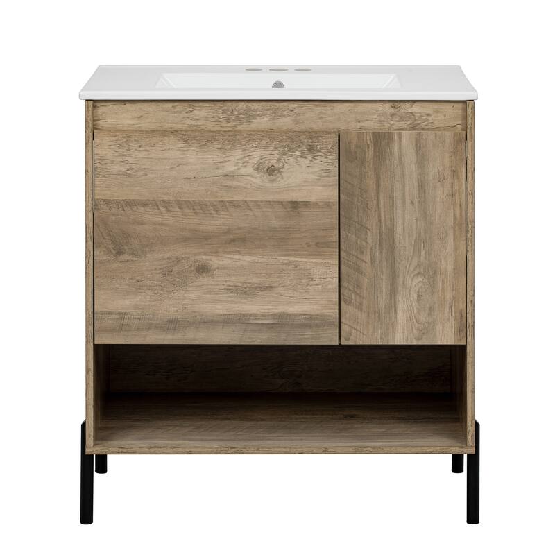 Farmhouse Bathroom Vanity Base & Ceramic Basin Set, 30" Single Bathroom Vanity Storage Cabinet with Open Storage Shelf - 30 Inch