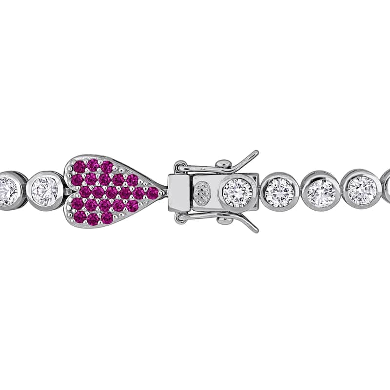 Miadora 9 1/2ct TGW Created Ruby Created White Sapphire Heart Bracelet Sterling Silver