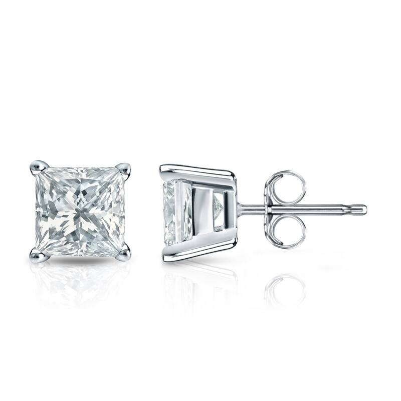 Auriya Plat Gold Lab Grown 1.50 carat TDW Princess Diamond Stud Earrings 4-Prong Basket Push-back - White