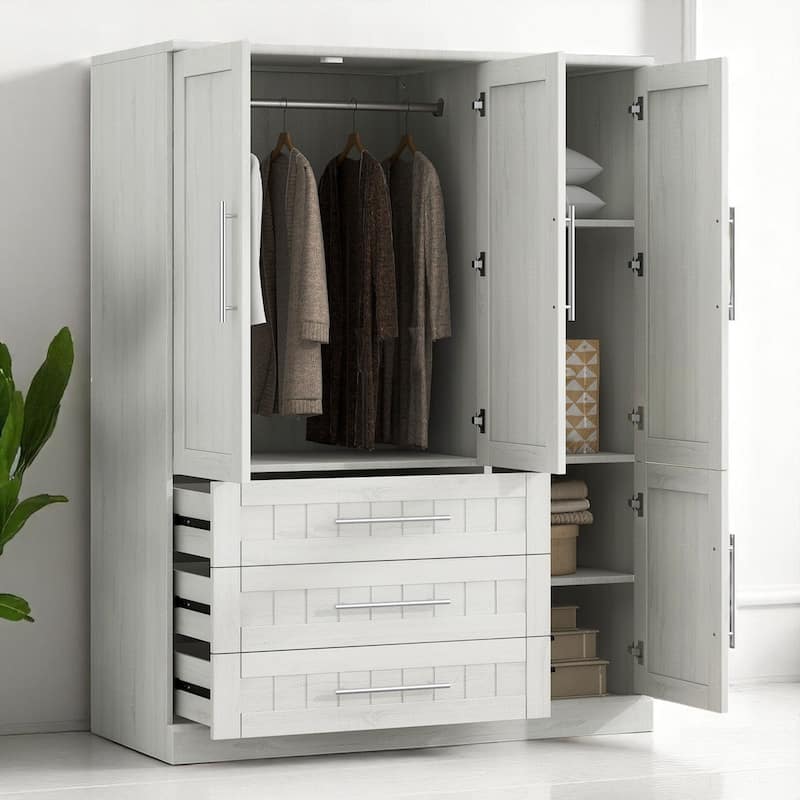 Wooden 4 Door Wardrobe Closet with 3 Drawers, Shelves & Hanging Space, Armoire Cabinet Organizer for Bedroom