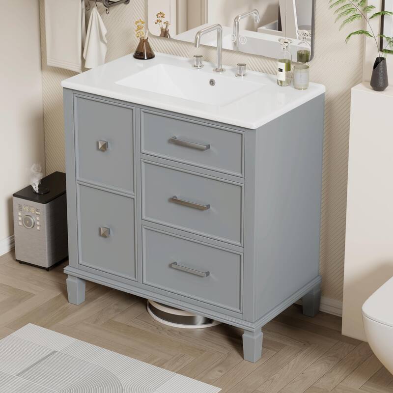 30" Bathroom Vanity with Ceramic Sink, Flip-Out Plumbing Drawer, Soft Close Doors & Drawers