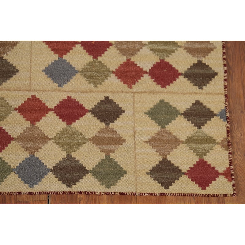 Geometric Kilim Oriental Area Rug Hand-Woven Beige Wool Carpet - 3'9"x 6'0"