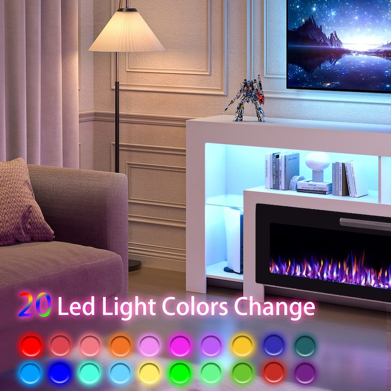BOSSIN 82" Electric Fireplace TV Stand Entertainment Center, High Gloss with LED Lights, Holds TVs Up to 90 Inches, White