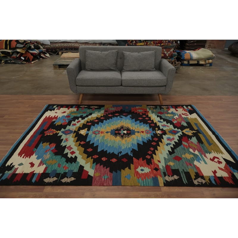 Hand Woven Oriental 100% Wool Carpet Southwestern Tribal Multi-Colored Kilim Area Rug - 8' 0'' X 5' 9''