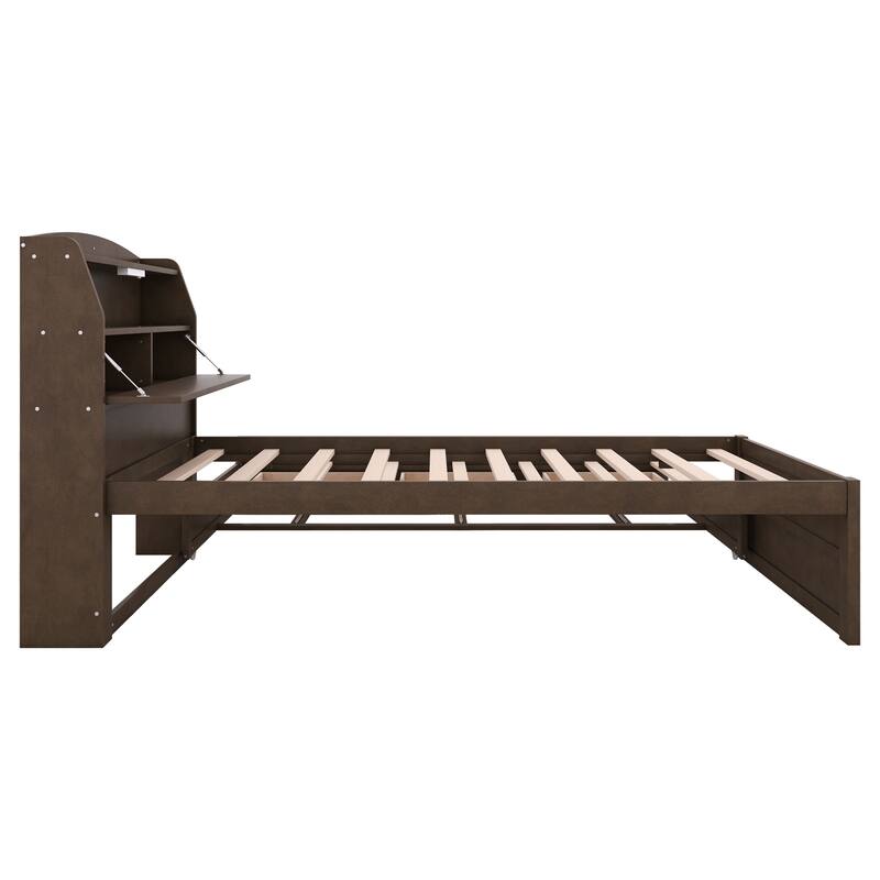 Wood Captain Bed Platform Bed with Trundle and 3 Drawers, Single Bed Frame with Storage Headboard and Integrated LED Light