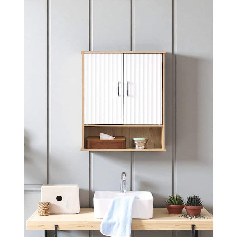 23.60" Wall-Mounted Bathroom Cabinet with Double Doors, Adjustable Shelf, Wavy Patterned Doors, White & Natural Wood - Natural