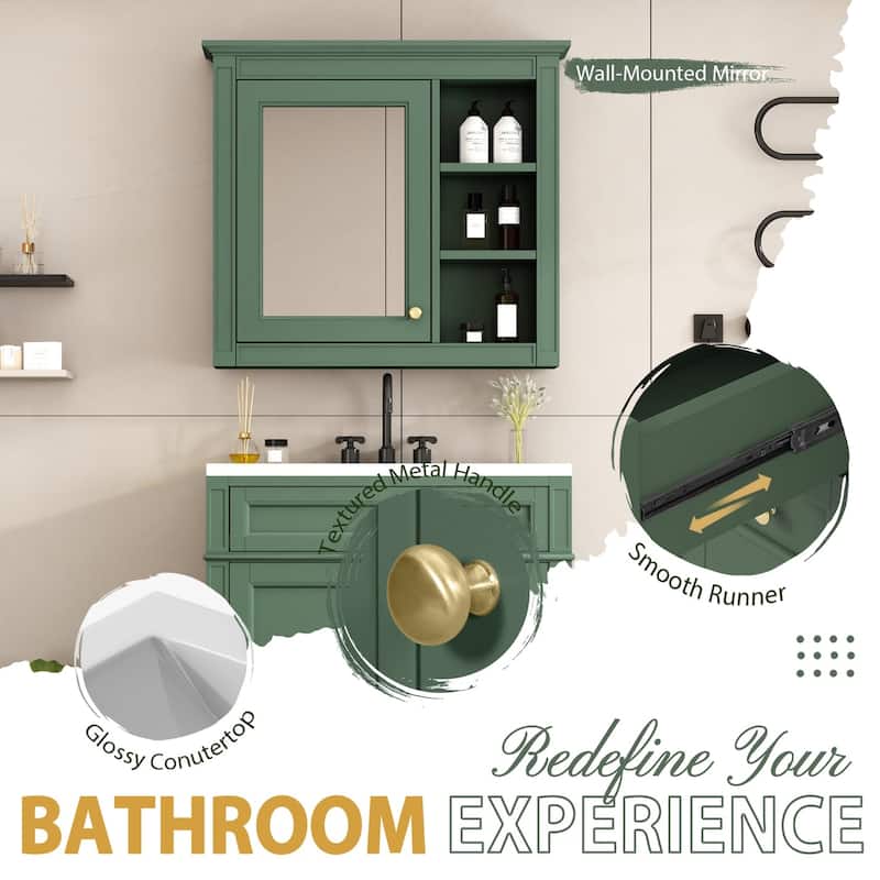 Plywood Freestanding Bathroom Vanity Set in Maple with Integrated Ceramic Sink with Mirror Cabinet - 30“ x 18"