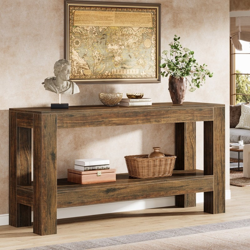 63 Inches Brown Wood Console Table, 2-Tier Farmhouse Entryway Table for Living Room