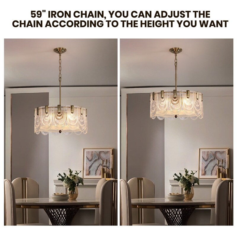 20 in. Gold Modern Drum Chandelier 5 Light Glass Low Profile Pendant Lights for Dining Room Single Tier Chandelier