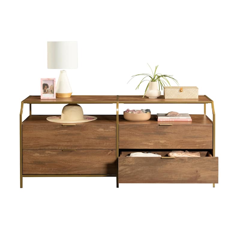 Engineered Wood Contemporary Dresser with 4 Drawers and Upper Shelf, Brown