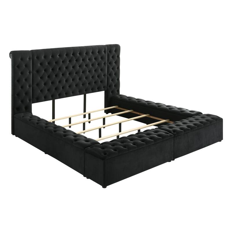 Queen Size Velvet Upholstered Storage Bed with Tufted Headboard and Concealed Storage Compartments
