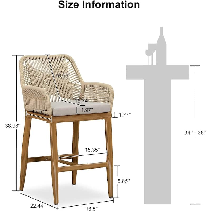 PURPLE LEAF Outdoor Bar Stools Chair Set of 2, All Weather Rattan and Aluminum Patio Bar Stool with Cushion