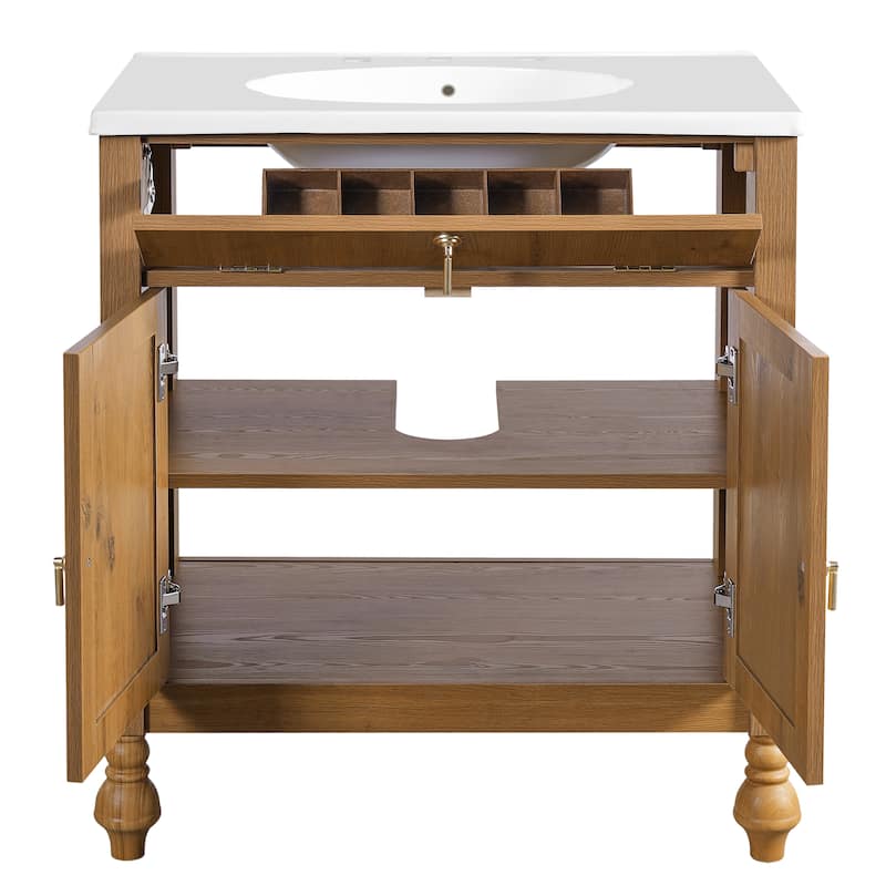 Christopher Knight Home - Jin 30-Inch Walnut Bathroom Vanity: Seashell Resin Sink & Flip-Up Storage