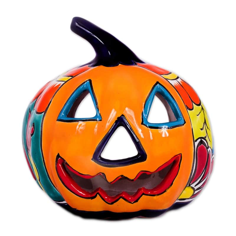 Novica Handmade Floral Halloween Ceramic Candle Holder