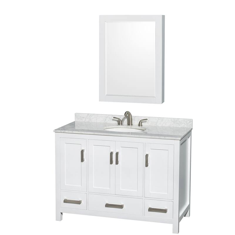 Wyndham Collection Sheffield Single Vanity Set, Medicine Cabinet - 48-Inch Single - White, White Carrara Marble Top, Chrome Trim