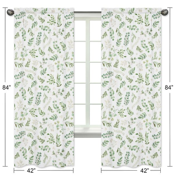 Floral Leaf Collection 84in Window Treatment Curtain Panel Pair - Green White Boho Watercolor Botanical Woodland Tropical Garden