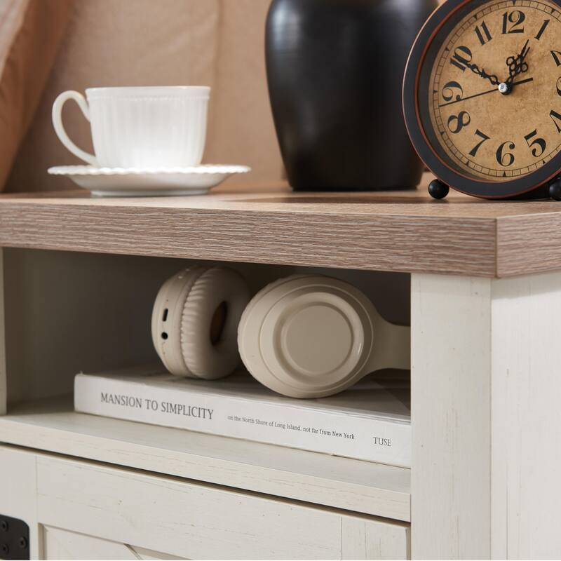 Farmhouse Nightstand, Modern Bedside Table with Barn Door and Shelf, Rustic End Table Side Table for Bedroom, Living Room