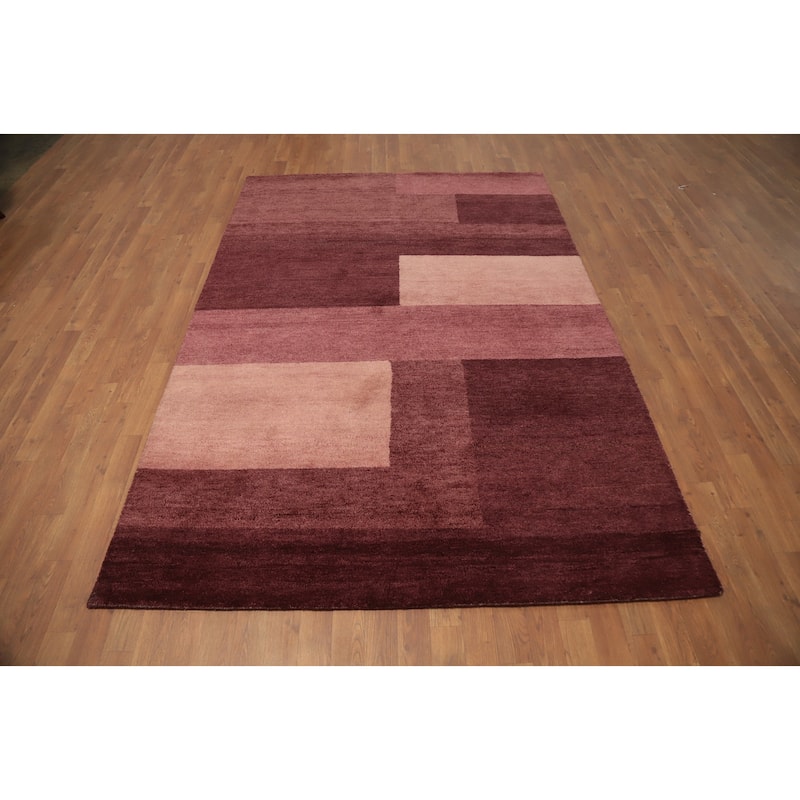 Hand Knotted Oriental 100% Wool Carpet Modern Geometric Purples Gabbeh Area Rug - 7' 11'' X 5' 6''