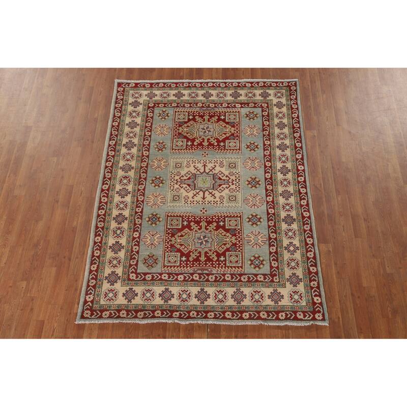 Geometric Kazak Area Rug Bedroom Handmade Wool Carpet - 5'1" x 6'10"