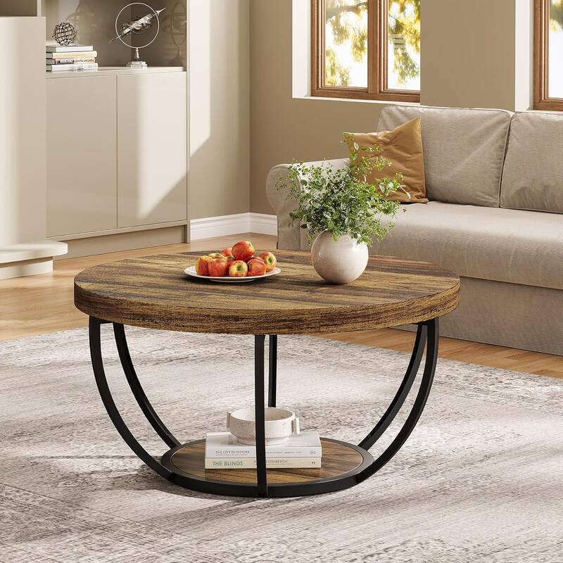 Round Coffee Table, 31.7" Wooden 2-Tier Circle Coffee Table with Storage Shelves, Accent Cocktail Table Center Table
