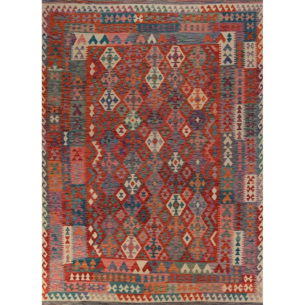 Geometric Kilim Reversible Area Rug Hand-Woven Wool Carpet - 8'1"x 11'2"