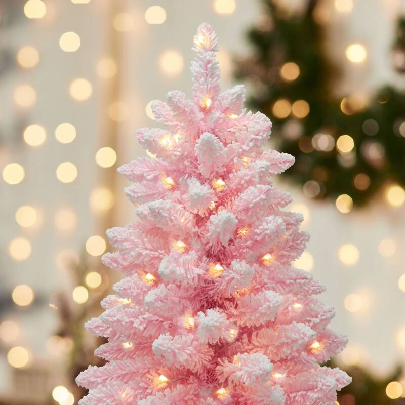 VEIKOUS Pre-Lit Artificial Christmas Tree Pencil Snow with Foldable Iron Stand with LED lights, 5.5/6.5/7.5 ft