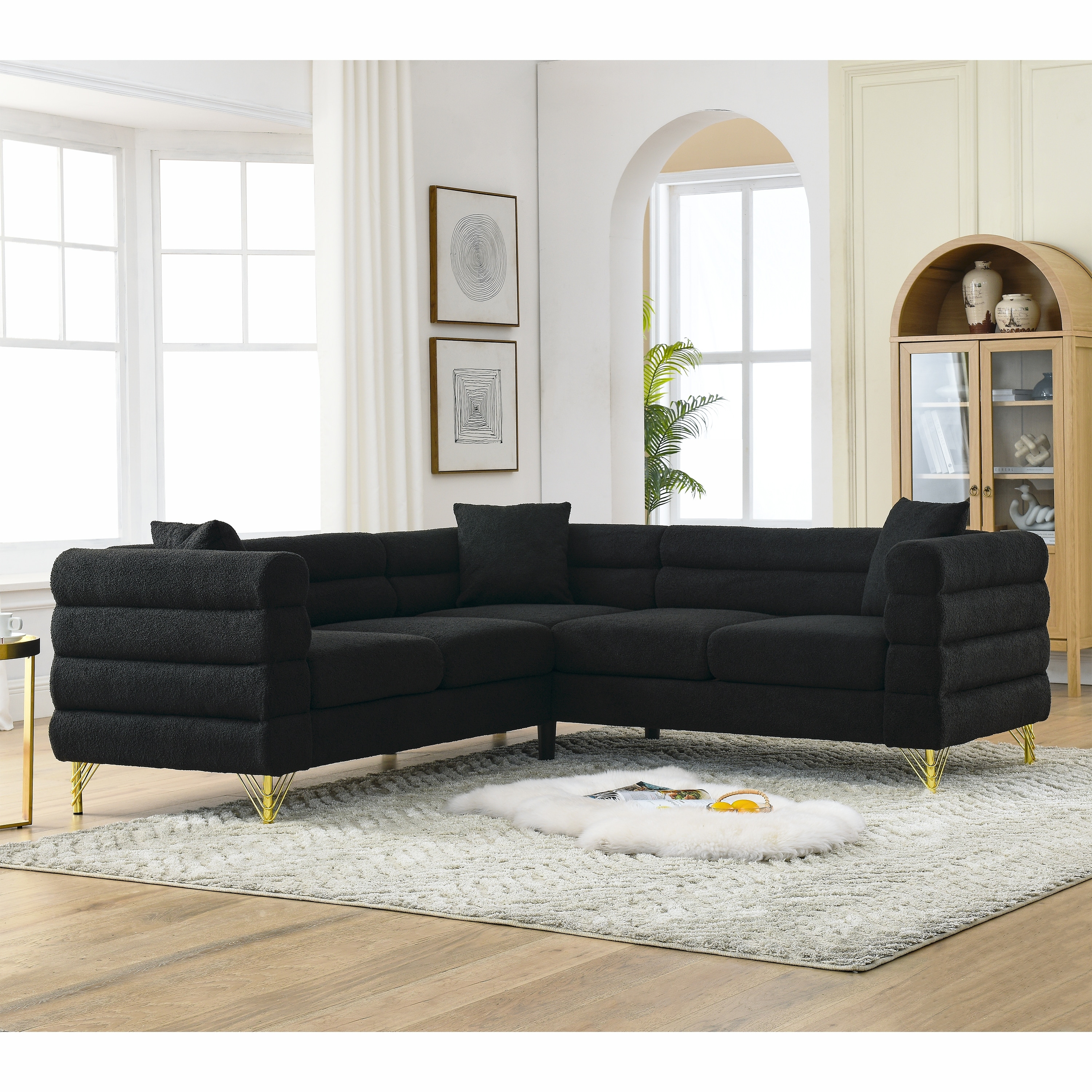 81.5" Oversized Corner Sofa L-Shaped Teddy Fabric Sectional Sofa with 3 Pillows, 5-Seat Sleeper Sofa for Living Room Office