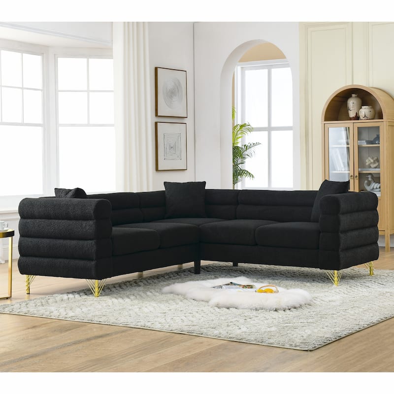 Modern Corner Sofa with Teddy Fabric and Metal Legs, 3-Seater with 3 Pillows - Black