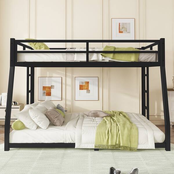 slide 2 of 11, Full XL over Queen Size Metal Frame Bunk Bed for Teens & Adults with 2 Side Ladder and Safety Guardrail, Under Bed Storage Black