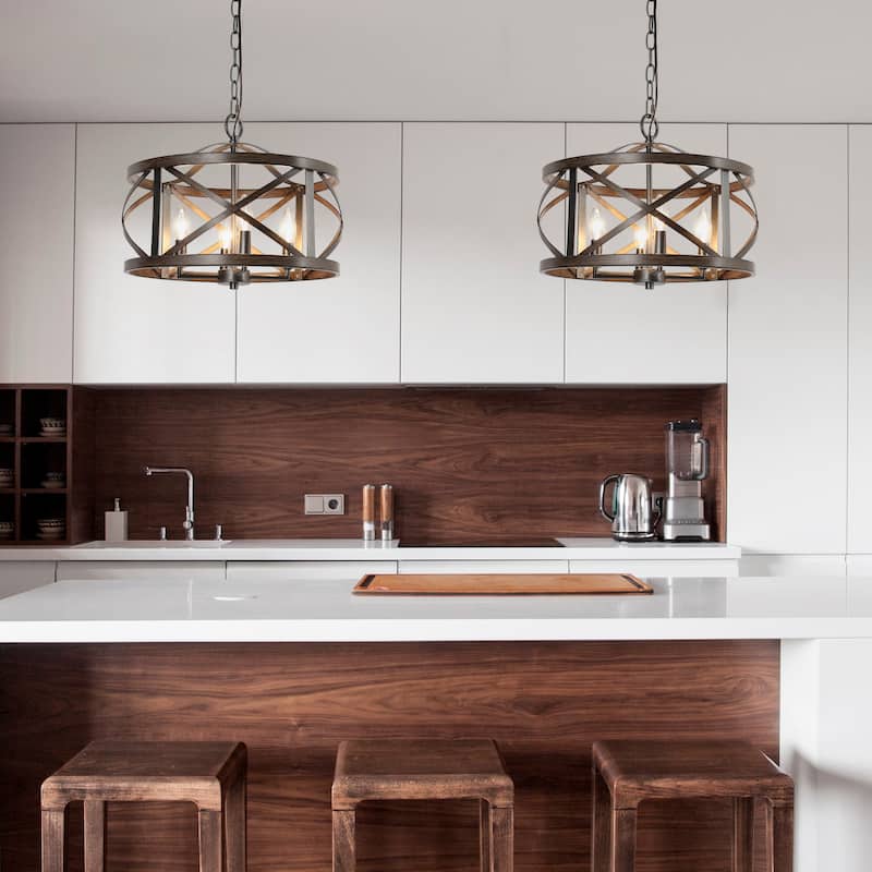 Modern Farmhouse 4-Light Drum Chandelier Wood Grain Lights for Dining Room - D15.5" x H76"