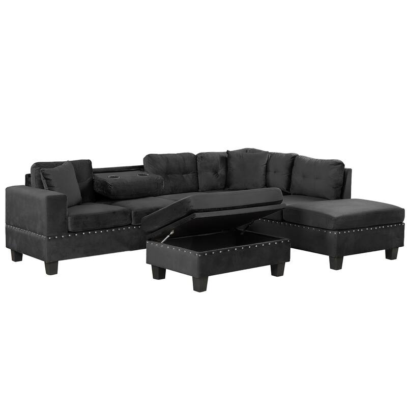 105.1" Velvet L-Shaped Sectional Sofa with Reversible Chaise, Storage Ottoman and Cup Holders